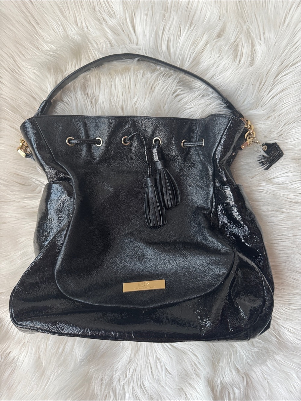 Y2K Heys International Black Faux Leather Drawstring Shoulder Bag with Tassels